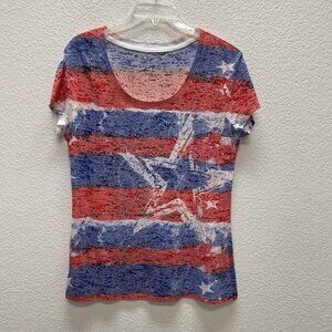 Prairie Rose Shirt Womens Shirt Top Large L Sheer Blue Red White Patriotic